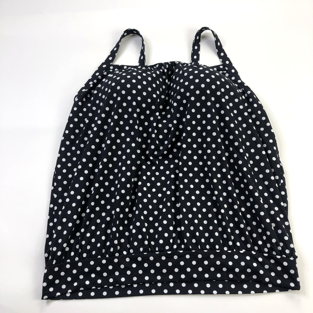 Lands' End 14D Square Neck Tankini Top Swim Shelf Bra Black Polka Dot